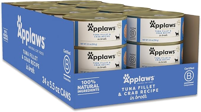 Applaws Natural Wet Cat Food in Broth, Limited Ingredient Canned Wet Cat Food, No Additives, Made with Natural Ingredients, Tuna Fillet & Crab in Broth (24 x 5.5oz Cans)-PawvioPets