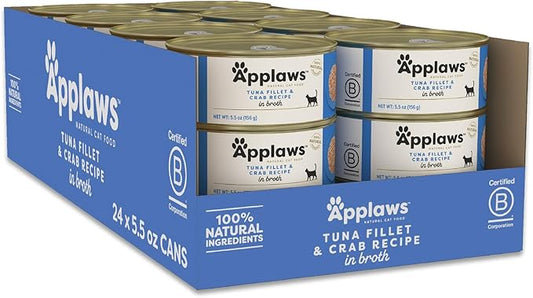 Applaws Natural Wet Cat Food in Broth, Limited Ingredient Canned Wet Cat Food, No Additives, Made with Natural Ingredients, Tuna Fillet & Crab in Broth (24 x 5.5oz Cans)-PawvioPets