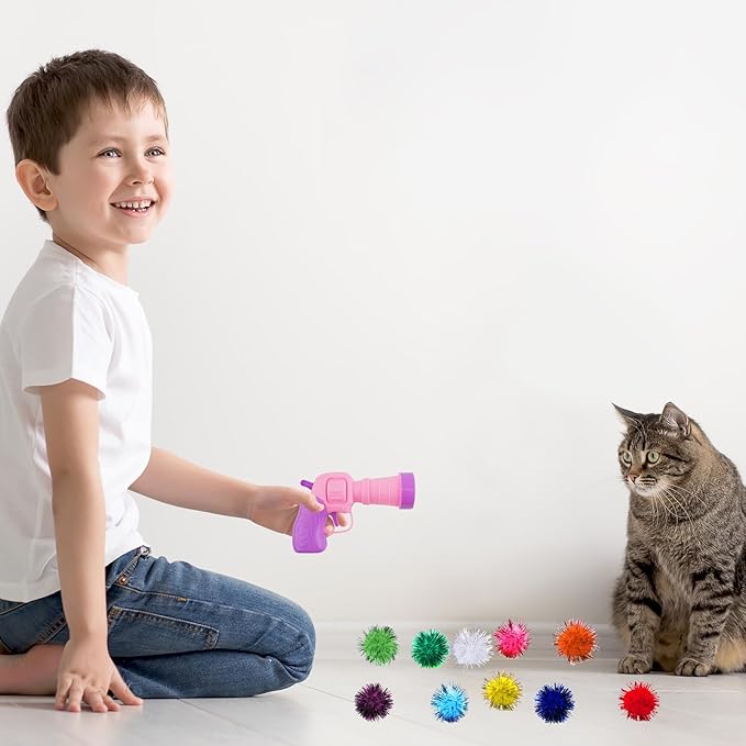 102Pcs Cat Toy Gun Launcher - 100 Sparkle Pom Pom Balls and 2 Ball Launchers, Interactive Fetch Toy Shooter for Indoor Cats and Kitty-PawvioPets