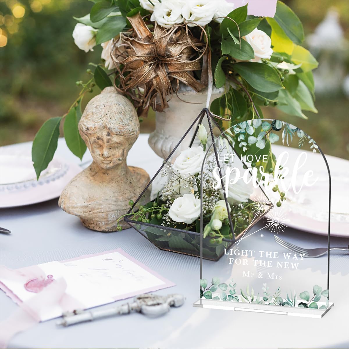 Acrylic Wedding Sign Let Love Sparkle Signs for Ceremony Modern Calligraphy Arch Acrylic Table Top Signs for Wedding Reception and Event Party Table Decor (Eucalyptus Leaves)