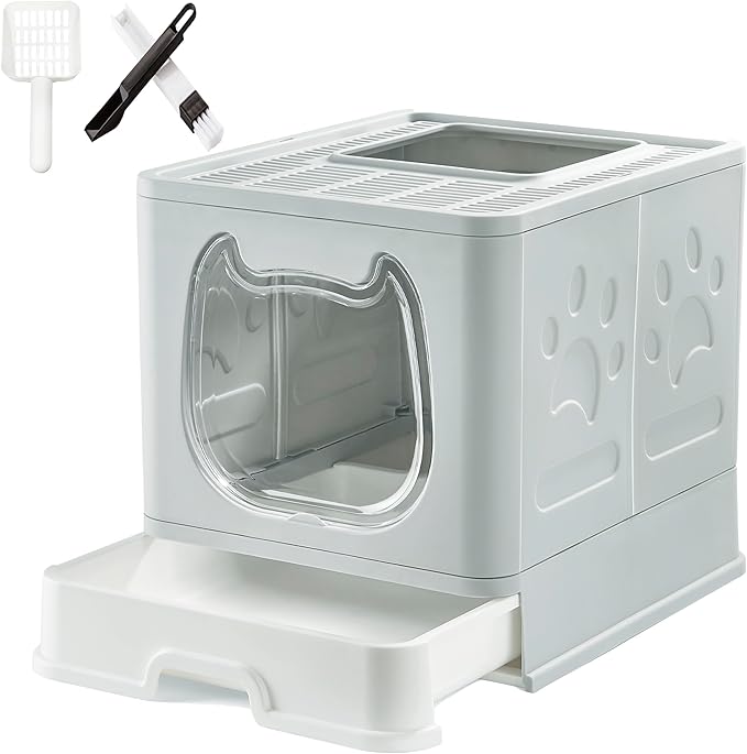 Gefryco Litter Box with Lid for Small to Medium Cats, Enclosed Cat Litter Box with Cover，High Sided Top Entry Cat Box with Brush and Scoop, Cute Kitty Litter Pan with Drawer for Growing Kittens(Grey)-PawvioPets