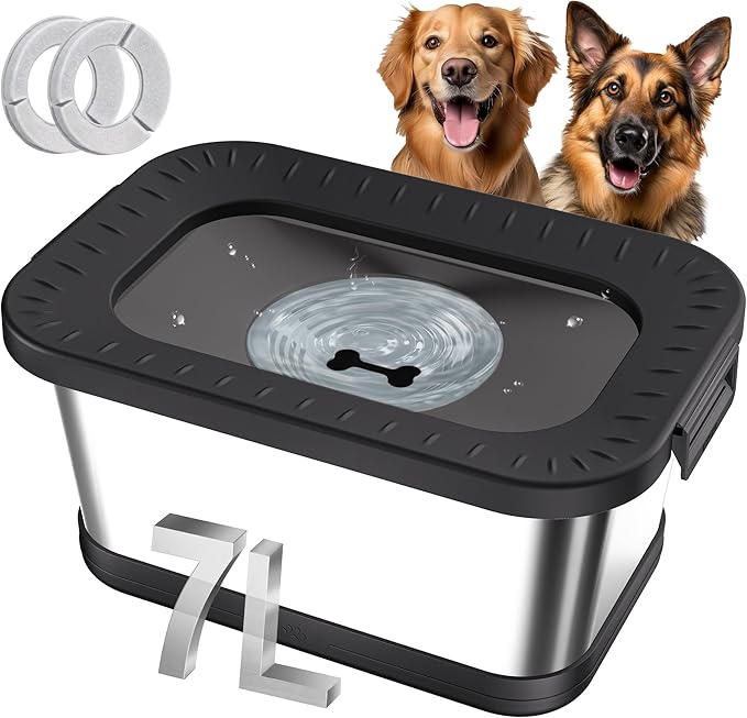 Decflow 7L Stainless Steel Dog Water Bowl, No Spill Anti-Splash Dog Bowls with Anti-Skid Mat, Spill-Proof Slow Feeder for Messy Drinkers, Heavy Duty Pet Bowls for Indoor/Outdoor Use Black-PawvioPets