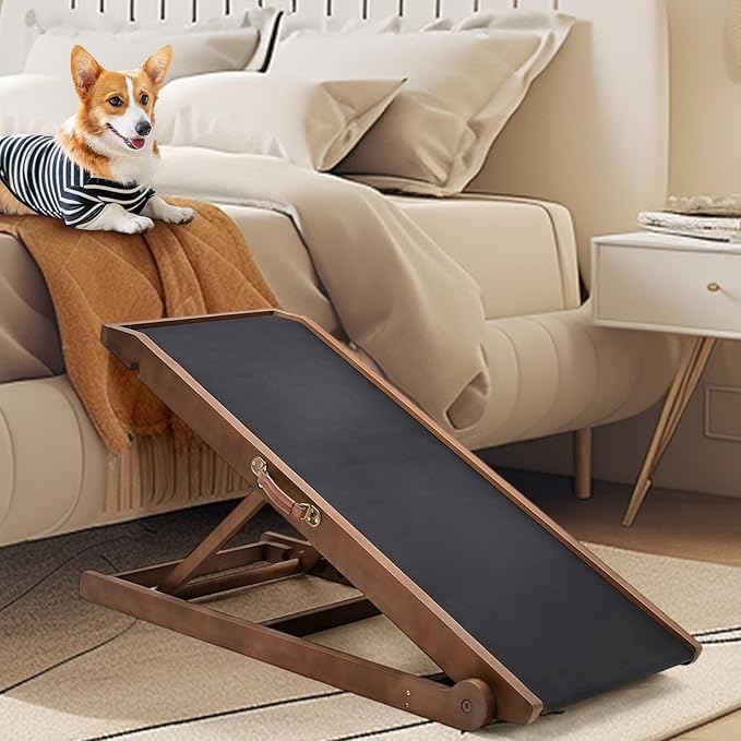 Dog Ramp, Adjustable Height Wooden Folding Pet Ramp for Bed, Couch,SUV-High Traction, Portable Paw Ramps for Small & Large Old Dogs & Cats - Furniture Quality-PawvioPets