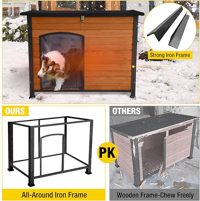 Aivituvin Dog House Outdoor & Indoor Dog Kennel with Insulated Liner for Winter Waterproof Large Dog Cage for Small & Medium & Large Dogs,Unique All-Around Iron Frame-PawvioPets