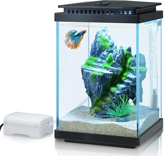 FEDOUR Small Glass Aquarium, 1 Gallon Desktop Fish Tank, Betta Fish Tank, Mini Aquarium Starter Kit with Air Pump LED Light Decoration Water Changer Fish Net (Black)-PawvioPets