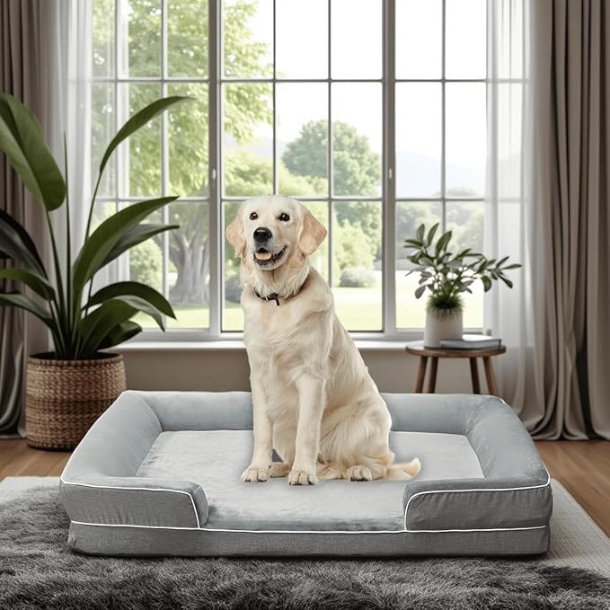 Dog Beds for Large Sized Dogs,Washable Orthopedic Memory Foam Dog Couch Sofa Bed with Bolster,Removable Cover,42x30Inch,Grey-PawvioPets