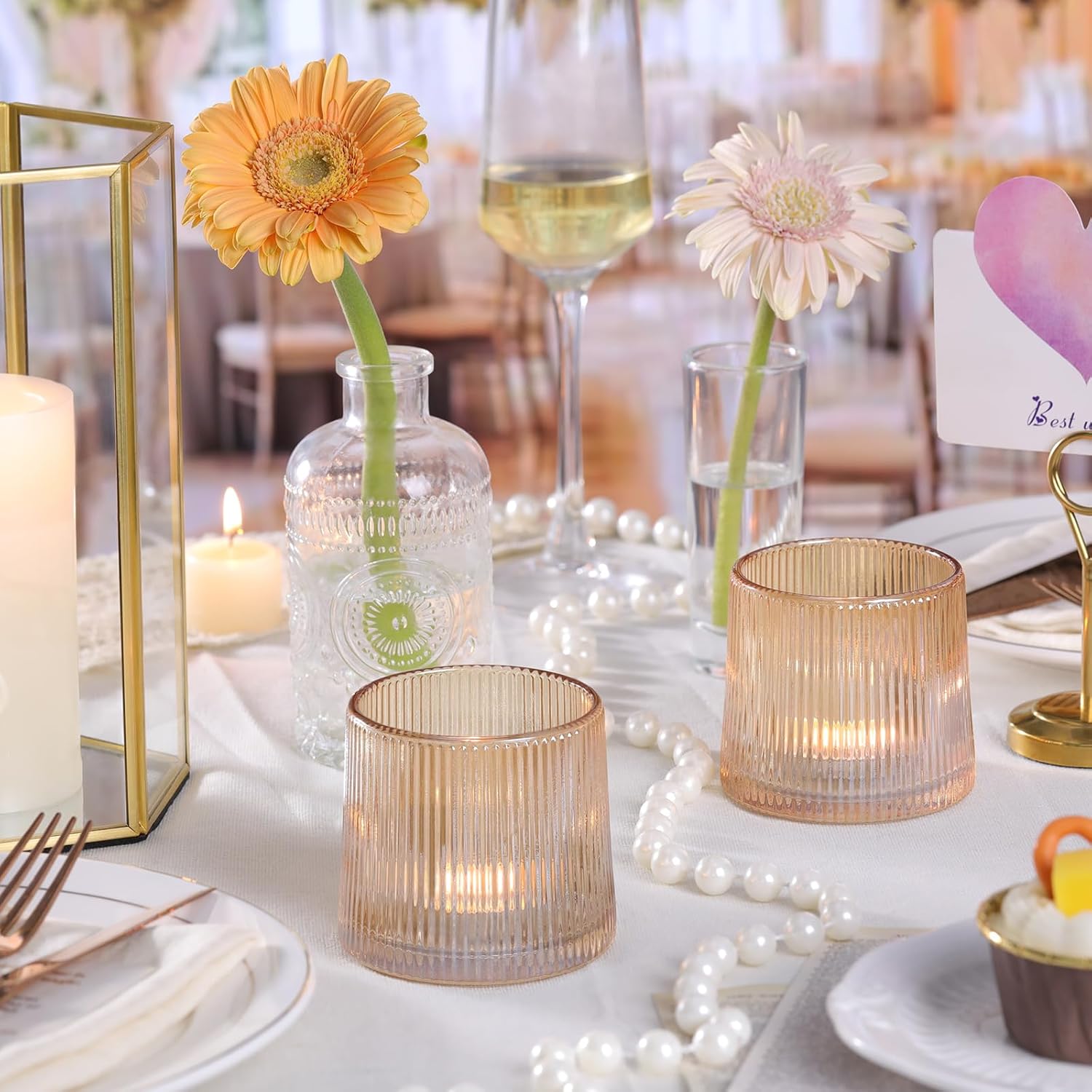 DARJEN Gold Ribbed Tealight Votive Candle Holders Set of 10- Tea Light Candle Holders Glass for Table Centerpiece, Votive Candle Holders for Home, Wedding & Fall Decor