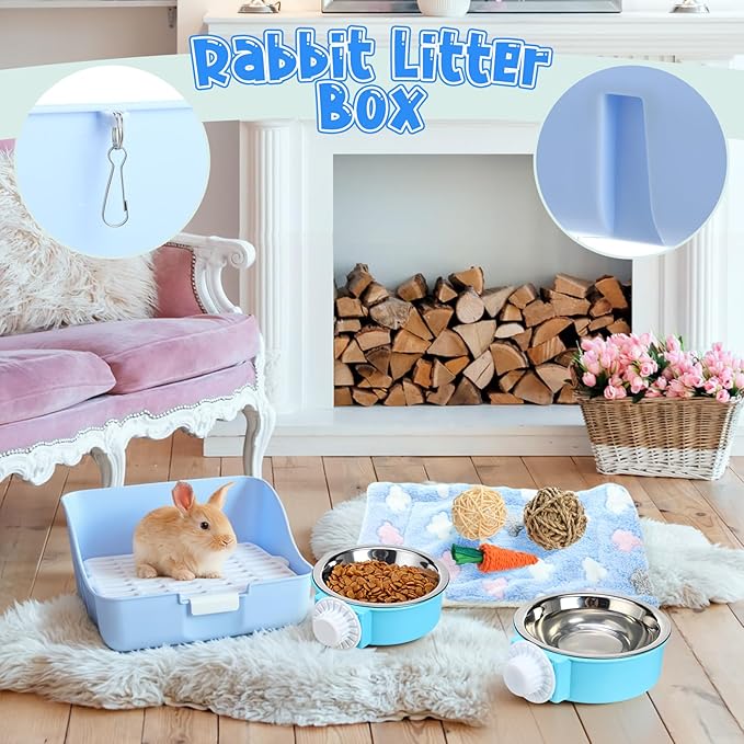 15 Pcs Rabbit Starter Kit Small Rabbit Litter Box Animal Grooming Kit Bunny Toys Bowl Blankets with Cleaning Set for Guinea Pig Accessories(Candy Blue)-PawvioPets