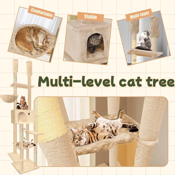 96.5"-108" Cat Tree Floor to Ceiling 7-Tier Cat Tower Adjustable Height with Scratching Posts, Cozy Hammock, Cat Condo for Indoor Cats(Beige)-PawvioPets