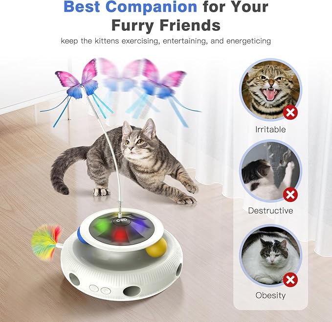 Automatic Interactive Cat Toys for Indoor Cats & Bored Adults - Kitten Toys with Fluttering Butterfly, Ambush Feather & Track Balls - Exercise & Stimulation for Playful Cats (Beige)-PawvioPets