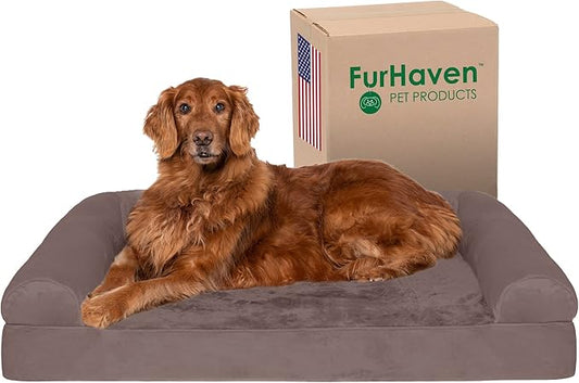 Furhaven Orthopedic Dog Bed for Large Dogs w/ Removable Bolsters & Washable Cover, For Dogs Up to 95 lbs - Faux Fur & Velvet Sofa - Driftwood Brown, Jumbo/XL-PawvioPets
