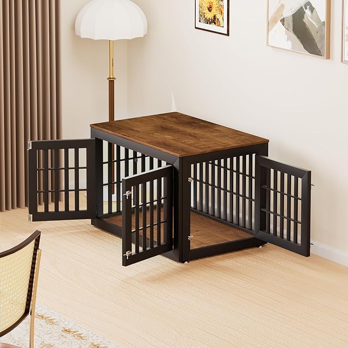 42" Heavy Duty Dog Crate Furniture for Small,Medium and Large Dogs,Rustic Wooden Dog Cage Kennel Indoor Furniture with Waterproof Top,Decorative Pet House Side End Table (Black & Wood)-PawvioPets