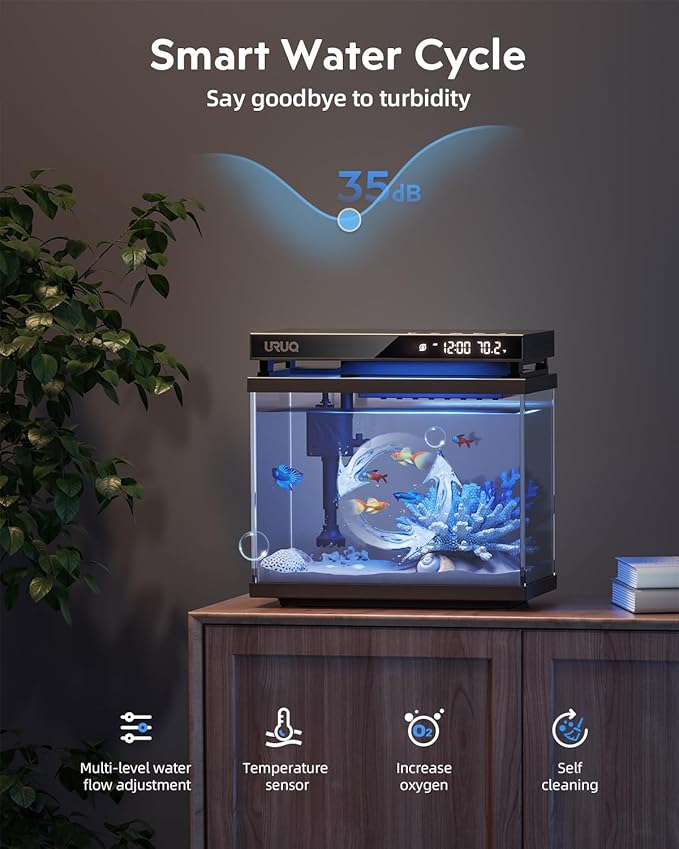 Fish Tank Smart Aquarium Kit: 2 Gallon UHD Glass Silent Water Pump Self Cleaning Multi-layer Filtration System - Temperature Sensing 7-color Lighting for Small Fish Betta Kids Room Desktop Decor Black-PawvioPets