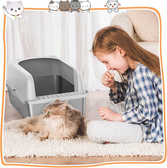 2 Pack Stainless Steel Litter Box, 24'' XL Extra Large Cat Litter Box with Lid, Metal Litter Boxes for Multiple Cats, Anti-Leakage,Non-Stick, Easy to Clean, Included Cat Litter Mat, Scoop-PawvioPets