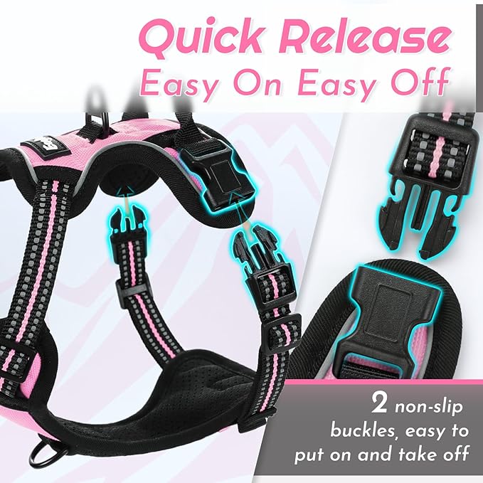 Eagloo Small Dog Harness No Pull, Service Vest with Reflective Strips and Control Handle, Adjustable and Comfortable for Easy Walking, No Choke Pet Harness with 2 Metal Rings, Pink, XS-PawvioPets