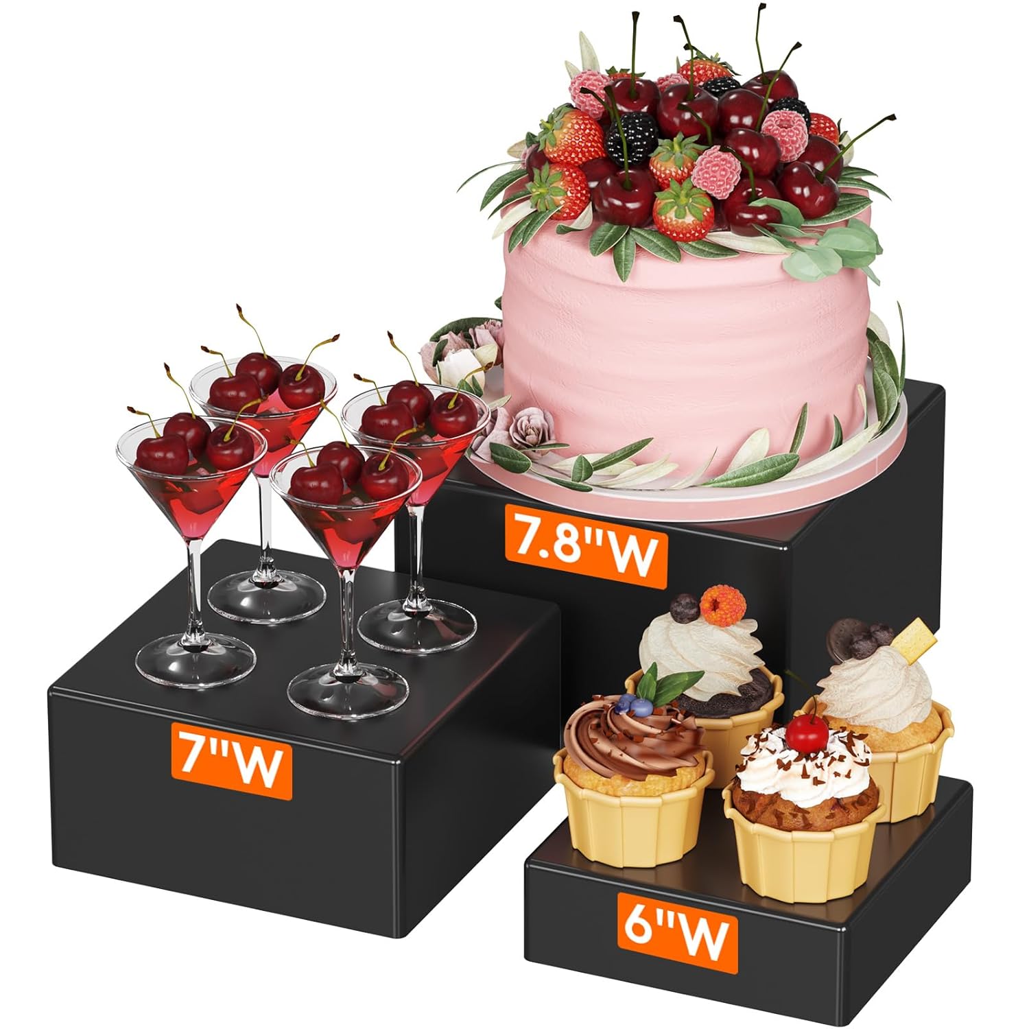 Lifewit Buffet Risers and Stands Up to 7.8", Food Risers for Buffet Table, Catering Dessert Cake Stand for Party, Collectibles Jewelry Display Stand, Black Cube Boxes Nesting Risers, 3 PCS