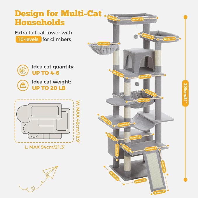 81" Heavy Duty Cat Tree for Large Cats up to 20lbs - Extra Tall Cat Tower with Metal Frame Hammock, 6 Sisal Scratching Posts, 2 Perches - Indoor Cat Furniture for Maine Coon, Big Cats, Gray-PawvioPets
