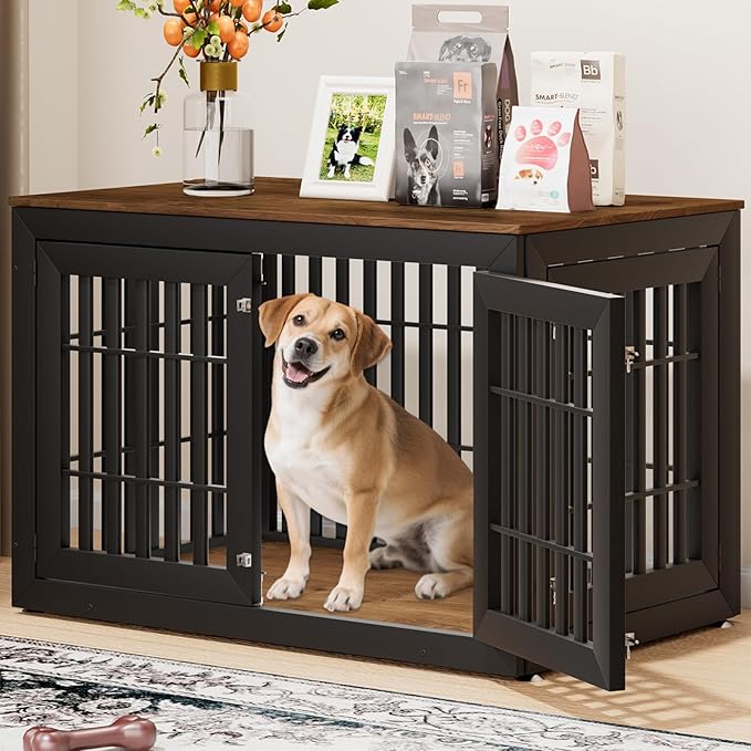 48" Heavy Duty Dog Crate Furniture for Small,Medium and Large Dogs,Rustic Wooden Dog Cage Kennel Indoor Furniture with Waterproof Top,Decorative Pet House Side End Table (Black & Wood)-PawvioPets