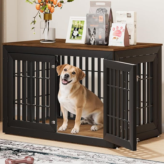 48" Heavy Duty Dog Crate Furniture for Small,Medium and Large Dogs,Rustic Wooden Dog Cage Kennel Indoor Furniture with Waterproof Top,Decorative Pet House Side End Table (Black & Wood)-PawvioPets
