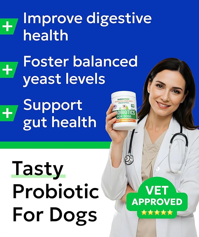 BARK&SPARK Dog Probiotics for Digestive Health w/Enzymes - Diarrhea Gas Treatment Upset Stomach Relief - Allergy & Itchy Skin - Pet Probiotics for Dogs - Digestion Supplement Treat (120Ct Chicken)-PawvioPets