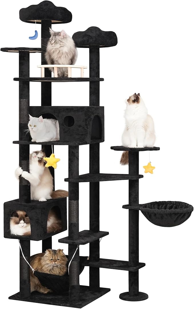 85inch Giant Cat Tree for Heavy Duty Big Cats, Multi-Level Luxury Cat Tower with Scratching Post, Cat Condo with Hammocks & Plush Perches for Indoor Cats Large Adult, Black-PawvioPets