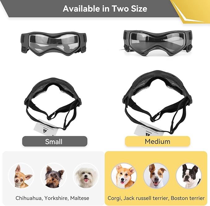 Dog Goggles Dog Sunglasses for Medium Breed UV Protection Windproof with Adjustable Head Straps Chin Straps for Ride Car/Hiking Travel/On Beach-Black-PawvioPets