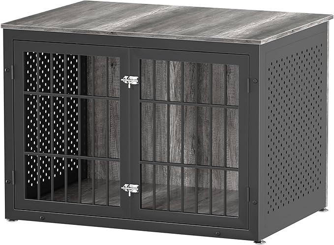 42" Heavy Duty Dog Crate Furniture for Large and Medium Dogs, Enclosed Design Wooden Metal Kennel, Wooden Cage Furniture Indoor, Decorative Dog Kennel End Table-PawvioPets