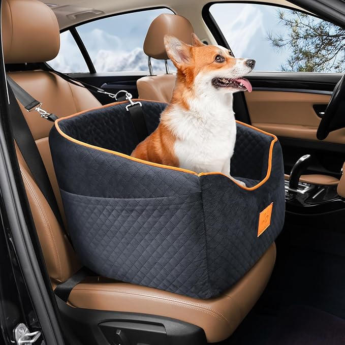 Dog Car Seat for Small Dogs, Memory Foam Booster Dog Seat for Dogs up to 35 lbs, Elevated Pet Car Seat with Washable Removable Cover, Storage Pockets (Black)-PawvioPets