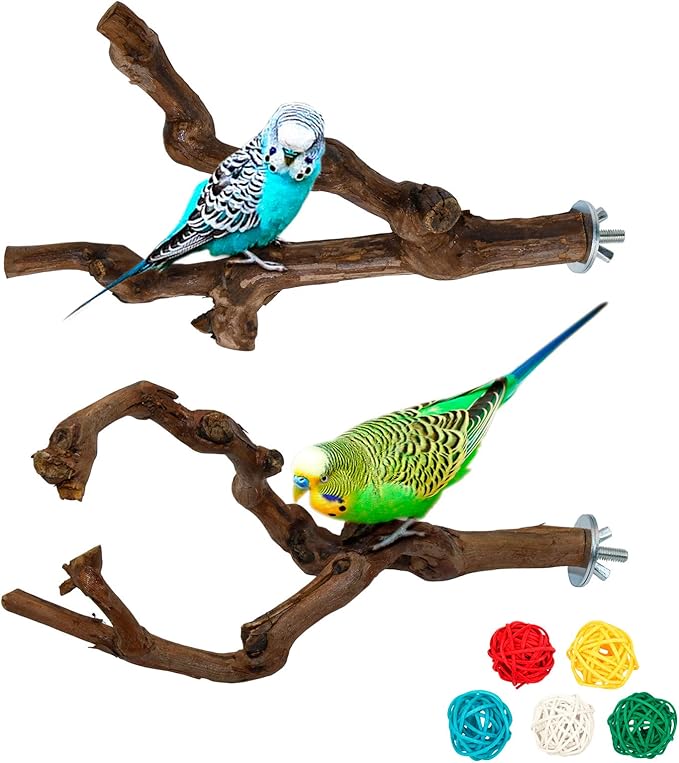 2 Packs Parrot Bird Perches,Natural Wild Grape Stick Grinding Paw Climbing Standing Cage Accessories Toy for 3-4 Parakeets, Budgies, Lovebirds,Cockatiels (Style-1)-PawvioPets