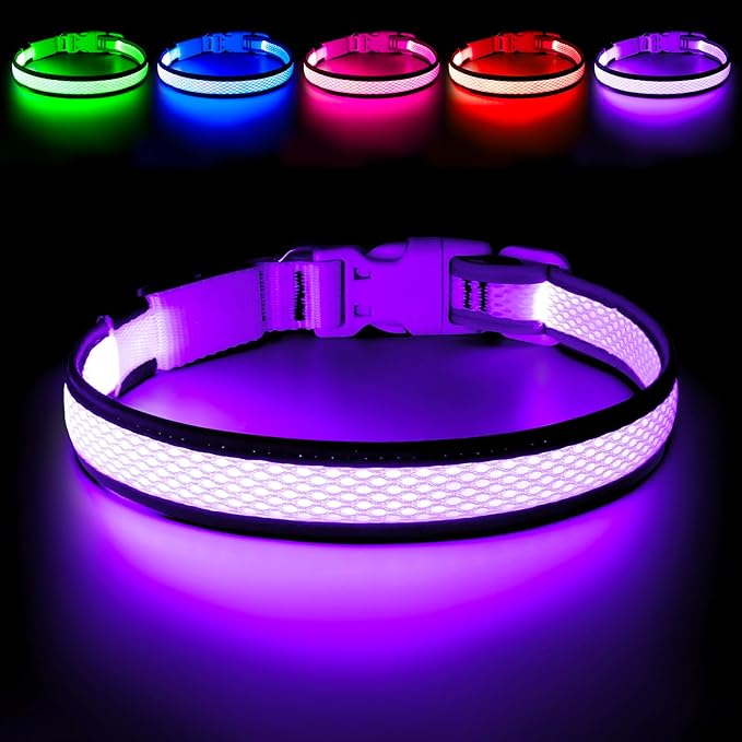 Flashseen LED Dog Collar, Light Up Dog Collar Light USB Rechargeable, Adjustable Comfortable Soft Mesh Safety Collar for Small, Medium, Large Dogs(Large, Purple)-PawvioPets