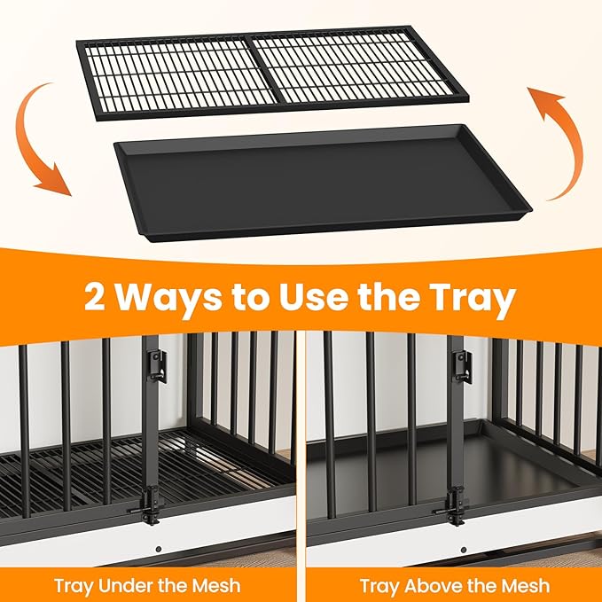 Dog Crate Furniture, Large Dog Crate Furniture, Wooden Cage Kennel Furniture Indoor, Modern Dog Crate with Multi-Purpose Removable Tray, Double-Doors Dog Furniture, End table dog crate, White-PawvioPets