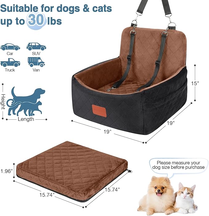 Dog Car Seat for Small Dogs Under 30lbs,Ultra Soft Fabric & Memory Foam Pet Travel Car Bed,Washable & Detachable,Anti-Slip Bottom,2 Storage Pockets and Safety Tethers(Black/Brown)-PawvioPets