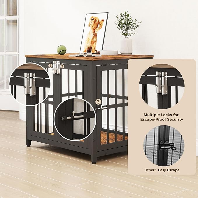 26 Inch Heavy Duty Wooden Dog Kennel End Table with Double Door Design and Secure Locks, Indoor Pet Crate Furniture for Small Dogs, Decorative Home Cage Design,Aged Black-PawvioPets