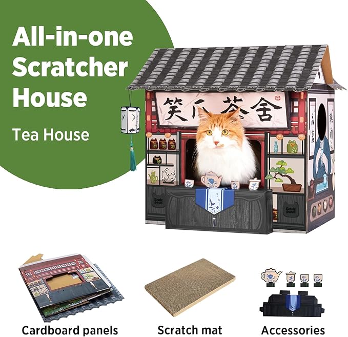 Cat Beds for Indoor Cats, Cardboard House with Scratchers, Tea House, Large Sturdy Cat Furniture Condo Cave Tent, Easy to Assemble Pet Toys Accessories Stuffs, Bunny Small Animals-PawvioPets