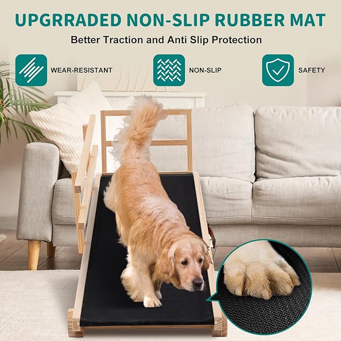 Dog Ramp for Bed, Adjustable Pet Ramps for Dog to Get on Bed, Non-Slip Rubber Surface - Folding Wooden Dog Ramp for Small/Large/Old Dogs, Adjustable up to 31 inch High Beds, Safety Railings-PawvioPets