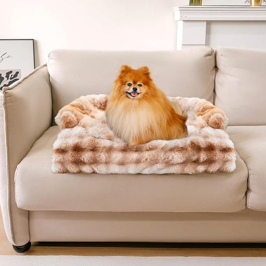 FUNNY FUZZY Pet Fluffy Fuzzy Couch Cover, Calming Washable Dog Bed Sofa Protector Pets Mat for Small Dogs and Cats (Tie-dye Brown,27.56 × 24.02 × 5.51 in)-PawvioPets