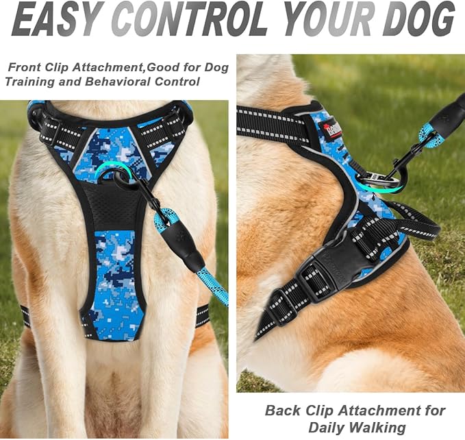 BARKBAY No Pull Dog Harness Front Clip Heavy Duty Reflective Easy Control Handle for Large Dog Walking(Blue camo,S)-PawvioPets