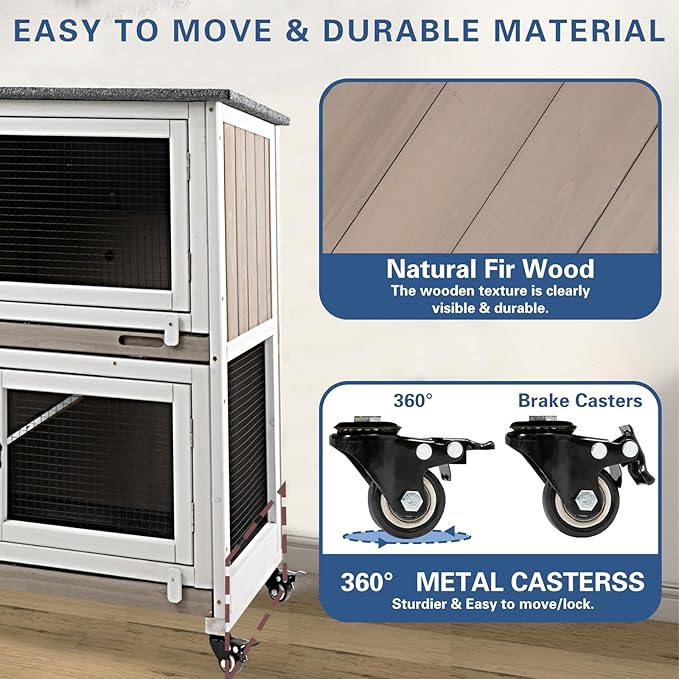 36" L Guinea Pig Cages Wooden, 2 Story Rabbit Cage Indoor Guinea Pig Habitat on 4 Metal Wheels and 2 Deeper Pull-Out Trays, Ramp, Leak Proof Guinea Pig Cages Indoor Small Animal Cage, Grey-PawvioPets