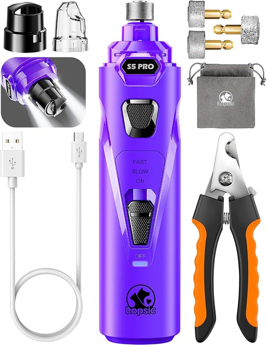 Dog Nail Grinder with 2 LED Lights Powerful 2 Speeds Super Quiet Dog Nail Trimmers with 3 Grinding Wheels Rechargeable Pet Dog Nail Clippers for Large Medium Puppy Dogs Dog Nail File Cat Nail Clipper-PawvioPets