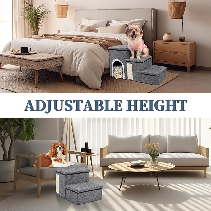 Dog Stairs for High Bed and Couch, 4 IN 1 Foldable Pet Stairs for Cats & Small and Medium Dogs, Adjustable Dog Steps with Pet Climbing Ladders/Cozy Condo/Storage Boxes/Cat Scratcher, Hold Up to 180LBS-PawvioPets