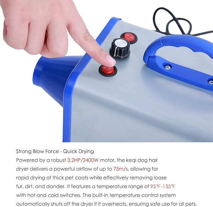 2400w 75m/s Dog Dryer for Pet Grooming, High Velocity Pet Hair Dryer with Heater, Adjustable Speed, 4 Nozzles and a Comb, Blue-PawvioPets