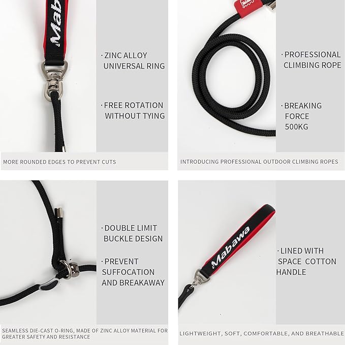 Dog Anti-Slip Leash 5FT with Metal Stopper - Durable No-Pull Training Lead for Small, Medium & Large Dogs - Comfortable Handle Nylon Rope, Tangle-Free Pet Walking Leash (Black, 5.6FT)-PawvioPets