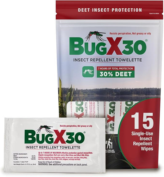 CoreTex Bug X 30 Mosquito, Tick, & Insect Repellent Wipes (30% DEET) with Resealable Travel Bag - Pack of 15 Single-Use Bug Repellent Wipes for Up to 7+ Hours of Protection Against 12 Types of Insects-PawvioPets