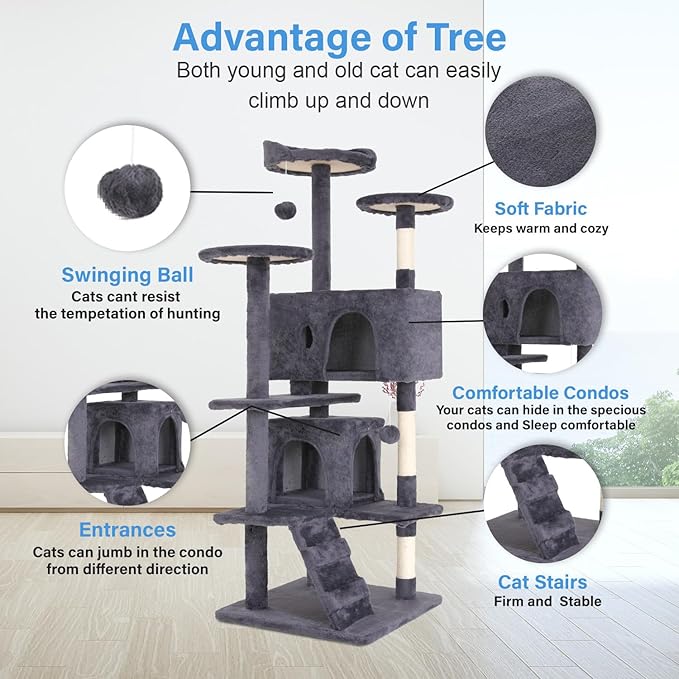 FDW Cat Tree 54in Cat Tower Multi-Level Durable Cat Scratching Post & Cozy Fun Cat Jumping Platform Space Saving Cat Condo Pet Play House for Indoor Cats,Ashy-PawvioPets