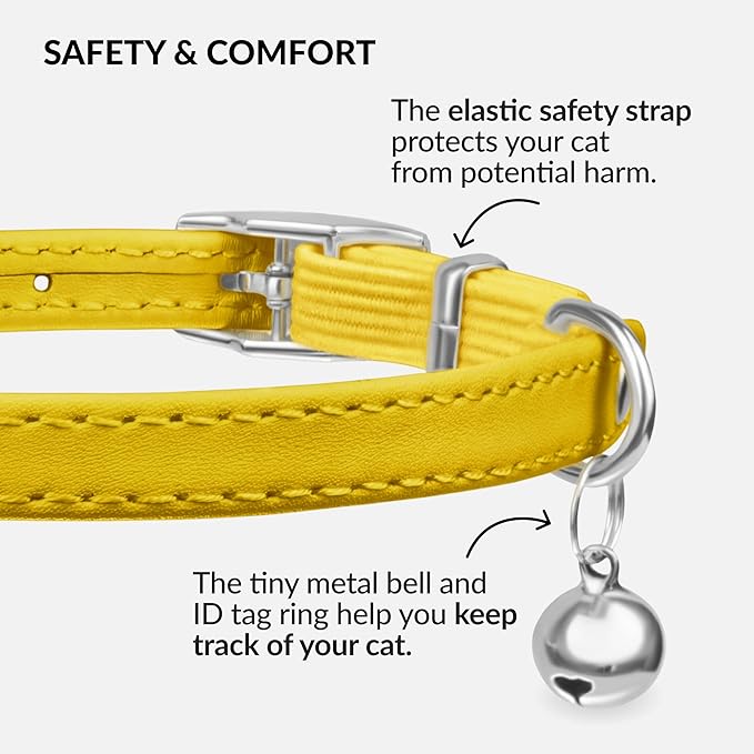 CollarDirect Leather Cat Collar with Bell - Kitten Collar, Small and Big Cat Strap for Boy Cats, Girl Cats with Safety Elastic Strap (Neck Fit 8"-11", Yellow)-PawvioPets