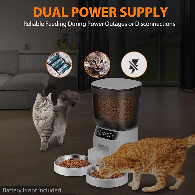 Automatic Cat Feeders for Two Cats, 5L/20 Cups Double Automatic Cat Food Dispenser with 2 Stainless Bowls, Timer Setting 20 Portions 6 Meals Per Day, 10s Meal Call, Pet Feeder for Dog (White)-PawvioPets