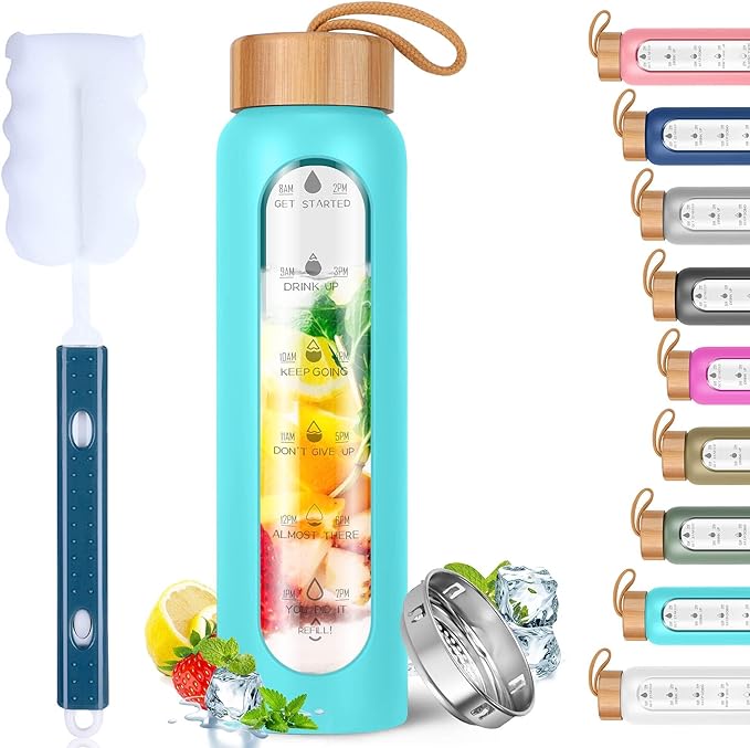 Aqulea Glass Water Bottles 32 Oz with Silicone Sleeve - BPA Free Reusable Wide Mouth Glass Motivational Water Bottles with Fruit Infuser – Leak Proof Borosilicate Water Bottle with Time Marker (Teal)-PawvioPets