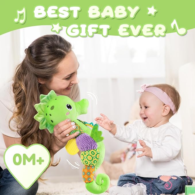 Baby Toys 0 to 12 Months, Musical Stuffed Animal Activity Soft Toys with Multi-Sensory Crinkle, Rattle and Textures, Infant Tummy Time Toys for Newborn Boys Girls, Seahorse, Green-PawvioPets