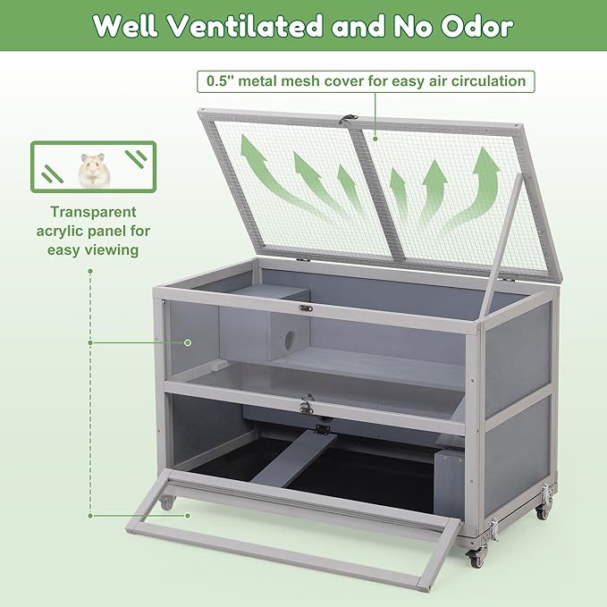 Coziwow Hamster Cage 35.4'' with Removable Ramps & Tray, Small Animals Hutch with Wheels & 2 Openable Doors, 3-Tier Wooden Cage for Dwarf Syrian Hamster, Mice, Rat, Rabbit-PawvioPets