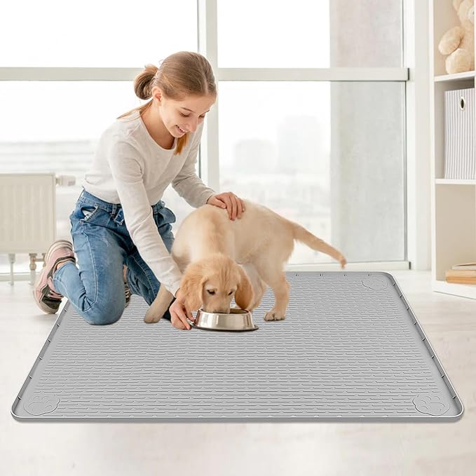 Cat Food Mat, 40" x 28" Extra Large Silicone Pet Feeding Mat with Raised Edge Pet Placemat for Food and Water Bowl Non-Slip, Easy to Clean, Floor Protection (Grey)-PawvioPets